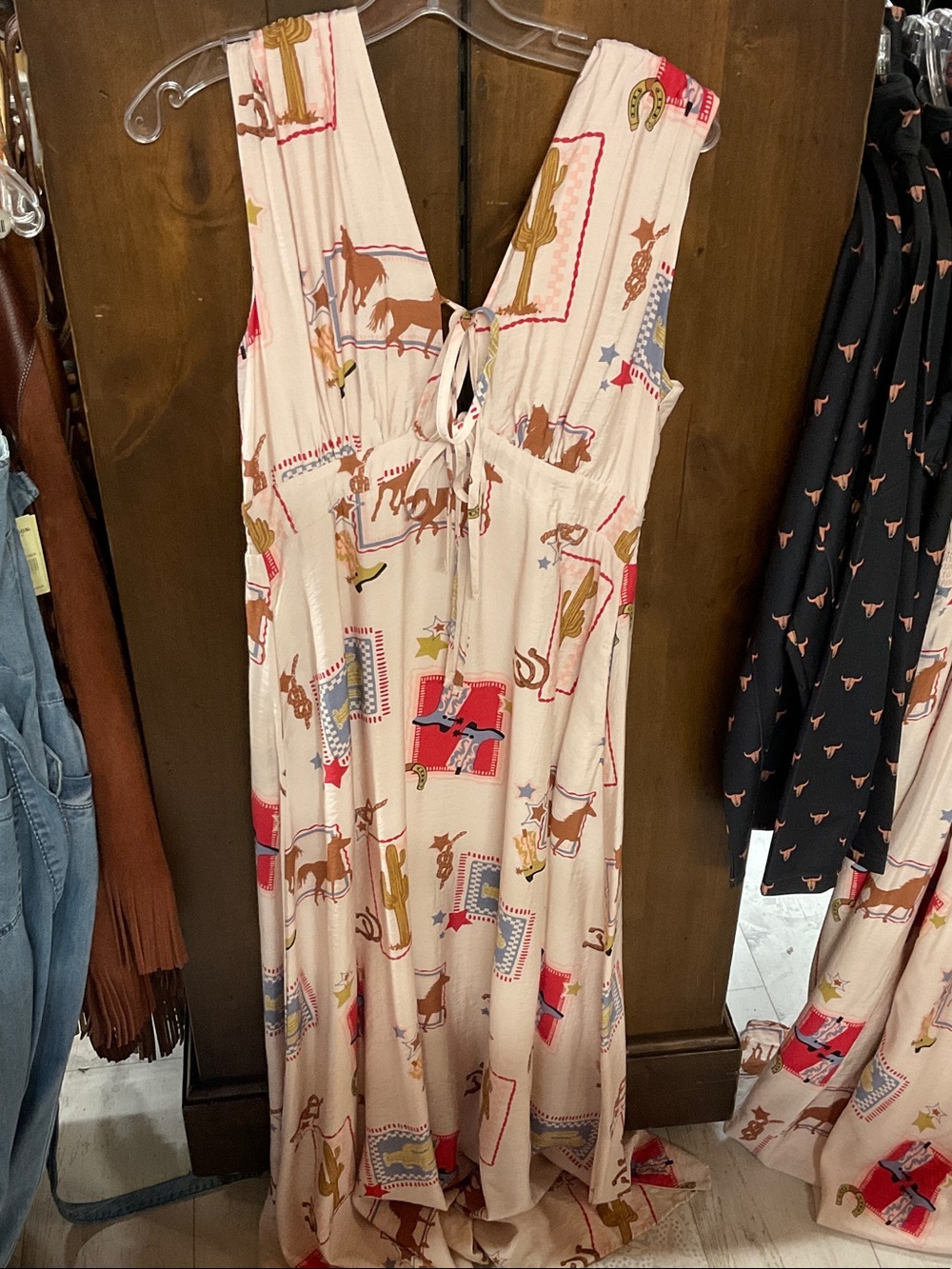 Sleeveless Cream Western Print Maxi Dress with Tie Front